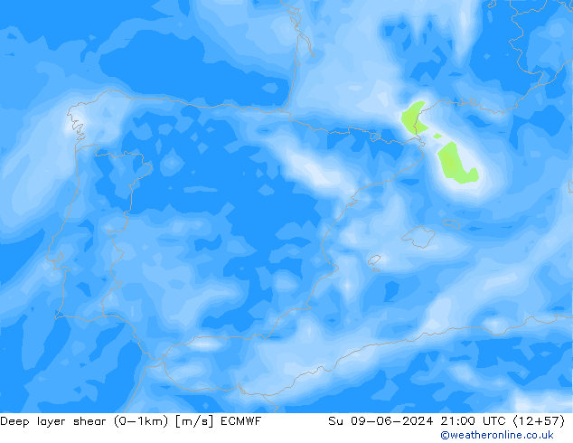 Deep layer shear (0-1km) ECMWF So 09.06.2024 21 UTC