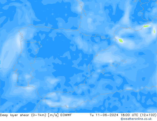 Deep layer shear (0-1km) ECMWF mar 11.06.2024 18 UTC