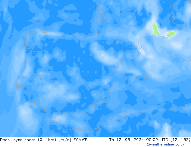 Deep layer shear (0-1km) ECMWF Qui 13.06.2024 00 UTC
