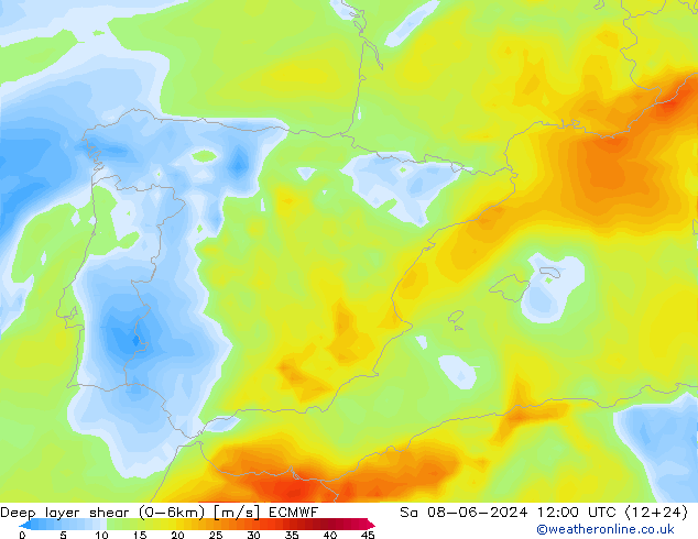 Deep layer shear (0-6km) ECMWF  08.06.2024 12 UTC