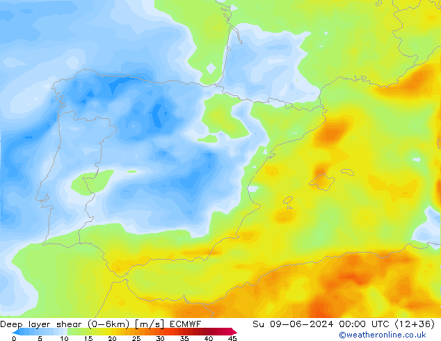 Deep layer shear (0-6km) ECMWF Paz 09.06.2024 00 UTC