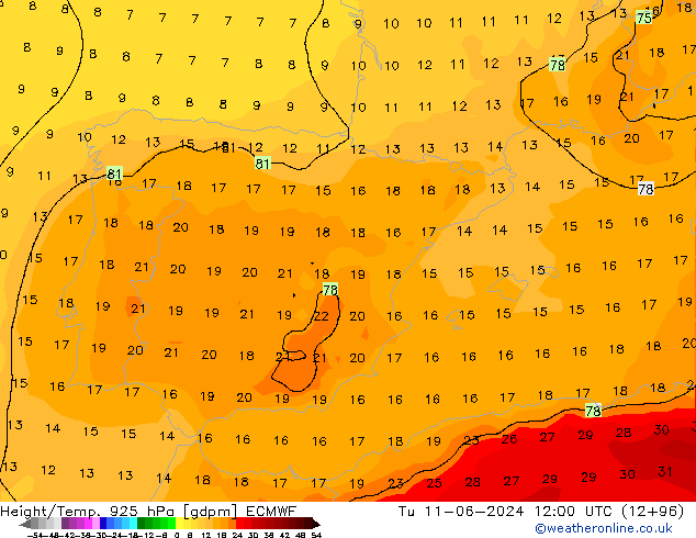 Hoogte/Temp. 925 hPa ECMWF di 11.06.2024 12 UTC