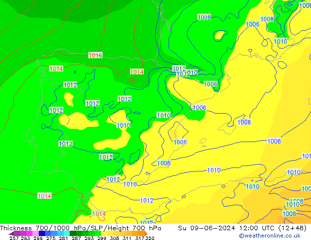 Thck 700-1000 гПа ECMWF Вс 09.06.2024 12 UTC