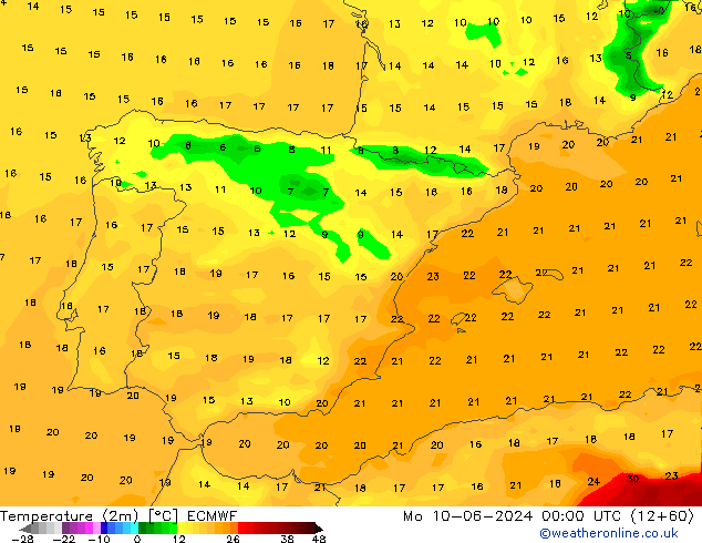 Temperature (2m) ECMWF Mo 10.06.2024 00 UTC