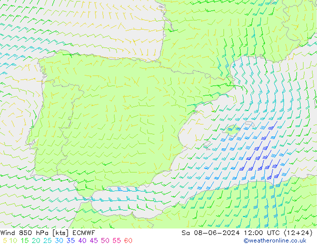 Viento 850 hPa ECMWF sáb 08.06.2024 12 UTC