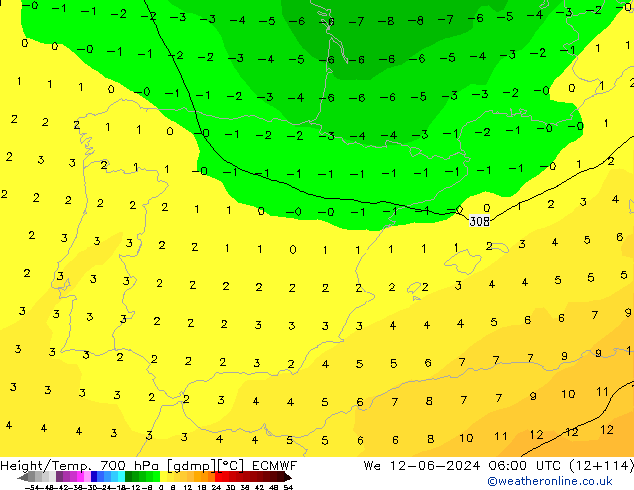 Height/Temp. 700 hPa ECMWF St 12.06.2024 06 UTC