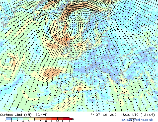 Surface wind (bft) ECMWF Fr 07.06.2024 18 UTC