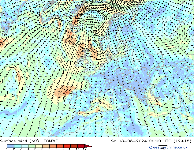 wiatr 10 m (bft) ECMWF so. 08.06.2024 06 UTC