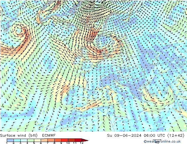 wiatr 10 m (bft) ECMWF nie. 09.06.2024 06 UTC
