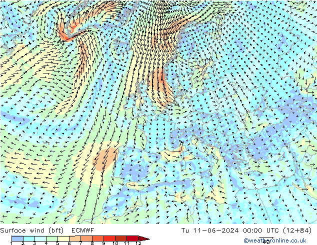 Bodenwind (bft) ECMWF Di 11.06.2024 00 UTC