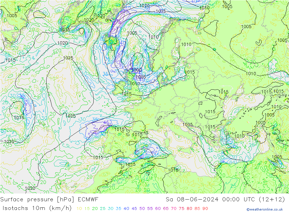 Isotachs (kph) ECMWF So 08.06.2024 00 UTC