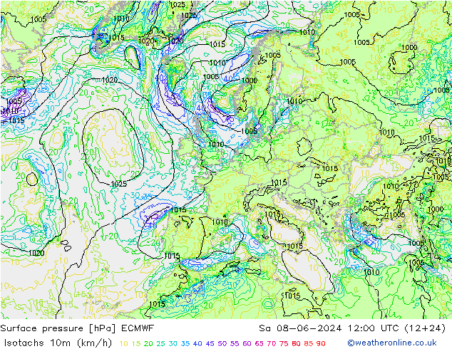 Isotachen (km/h) ECMWF Sa 08.06.2024 12 UTC