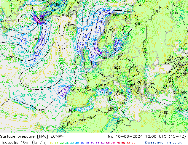 Isotachen (km/h) ECMWF Mo 10.06.2024 12 UTC