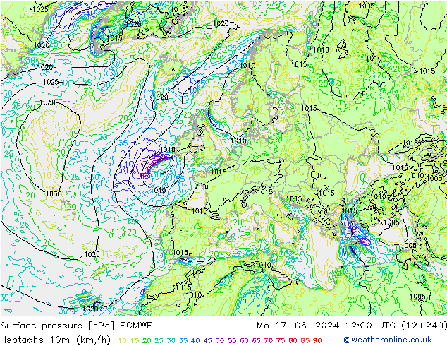 Isotachs (kph) ECMWF Mo 17.06.2024 12 UTC