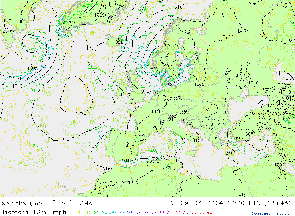 Isotachs (mph) ECMWF Su 09.06.2024 12 UTC