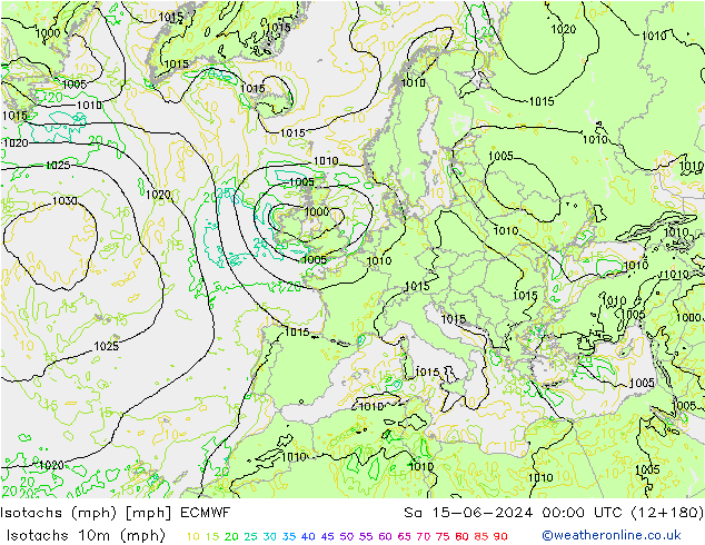 Isotachs (mph) ECMWF Sáb 15.06.2024 00 UTC