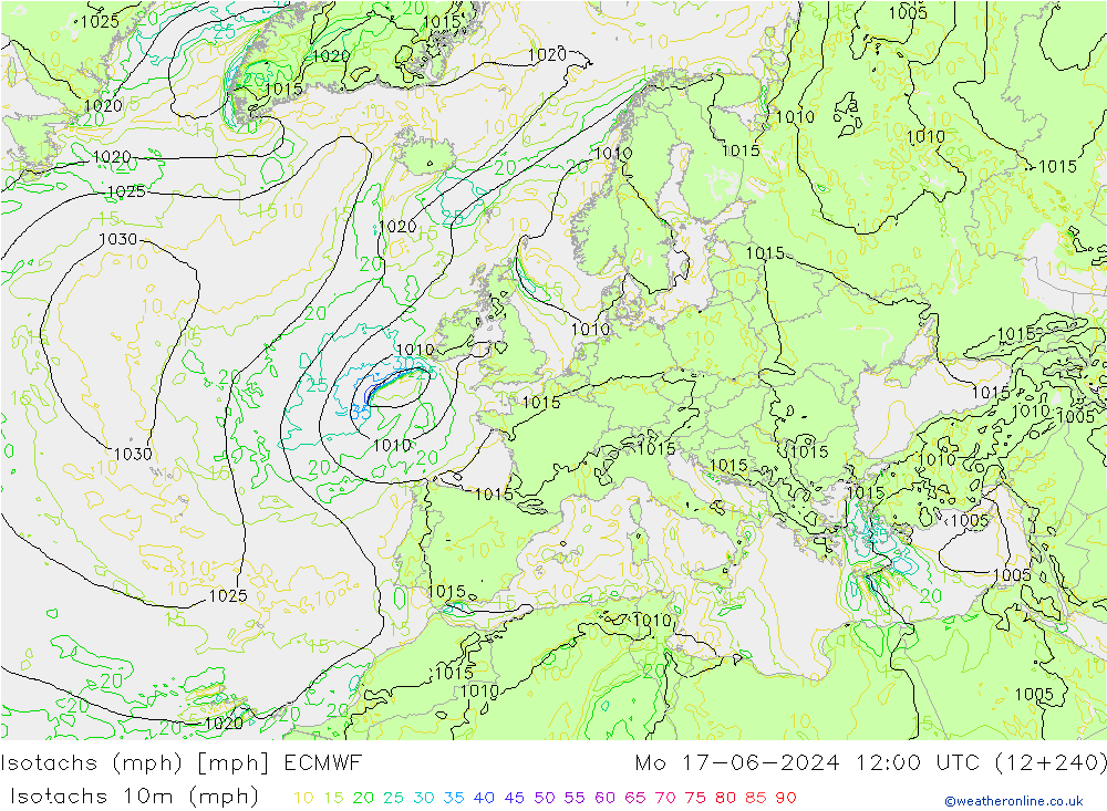 Isotachs (mph) ECMWF пн 17.06.2024 12 UTC