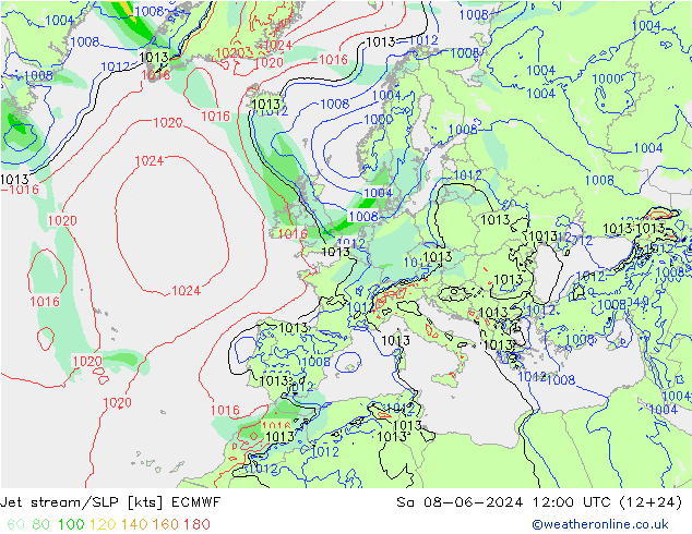 Jet stream/SLP ECMWF Sa 08.06.2024 12 UTC