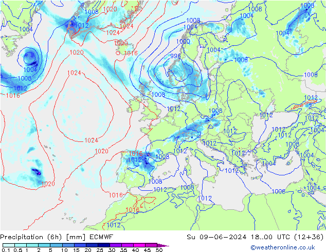 Z500/Rain (+SLP)/Z850 ECMWF 星期日 09.06.2024 00 UTC