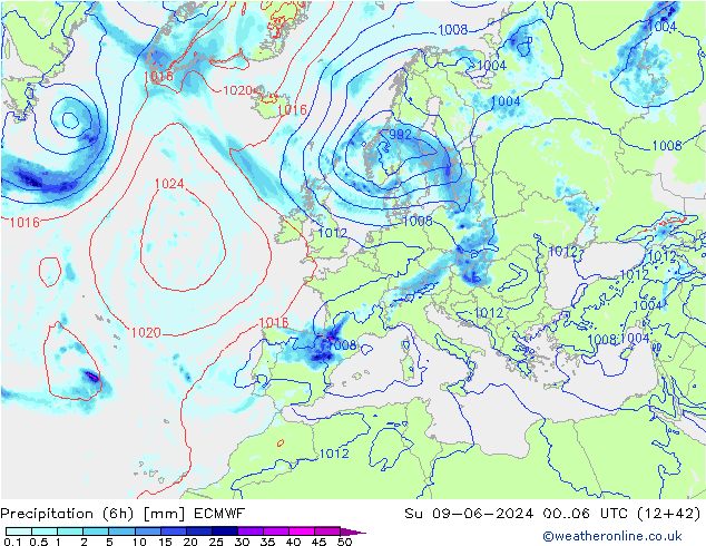 Z500/Yağmur (+YB)/Z850 ECMWF Paz 09.06.2024 06 UTC