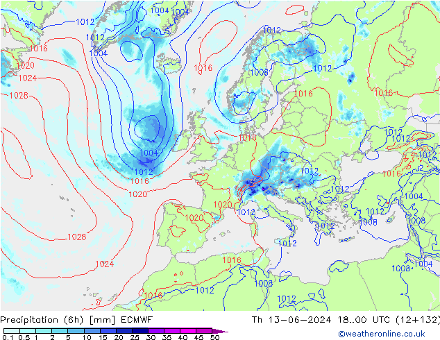 Z500/Rain (+SLP)/Z850 ECMWF Čt 13.06.2024 00 UTC