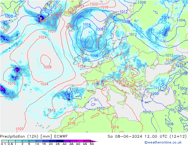 Precipitation (12h) ECMWF Sa 08.06.2024 00 UTC