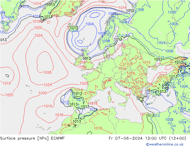 Atmosférický tlak ECMWF Pá 07.06.2024 12 UTC