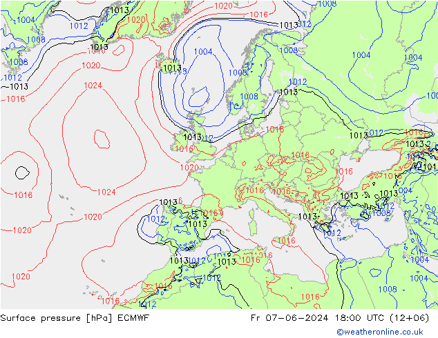 Presión superficial ECMWF vie 07.06.2024 18 UTC