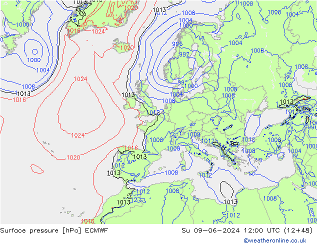 Luchtdruk (Grond) ECMWF zo 09.06.2024 12 UTC