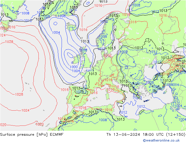 Surface pressure ECMWF Th 13.06.2024 18 UTC