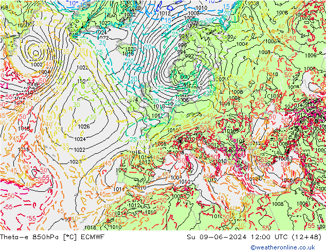 Theta-e 850hPa ECMWF Su 09.06.2024 12 UTC