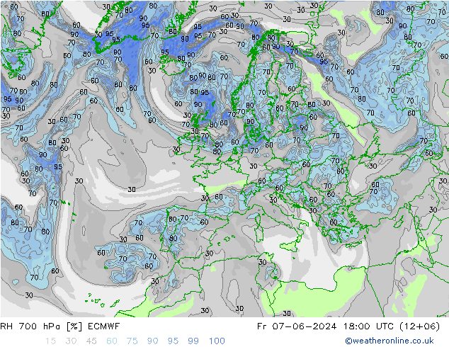 RH 700 hPa ECMWF ven 07.06.2024 18 UTC