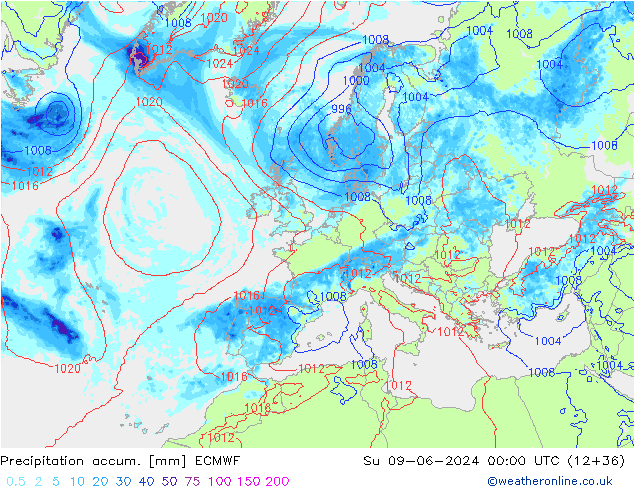 Precipitation accum. ECMWF Ne 09.06.2024 00 UTC