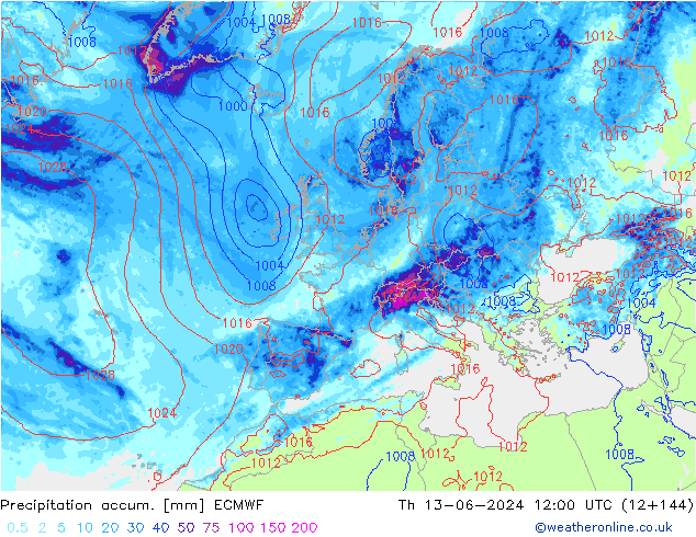 Precipitation accum. ECMWF Th 13.06.2024 12 UTC