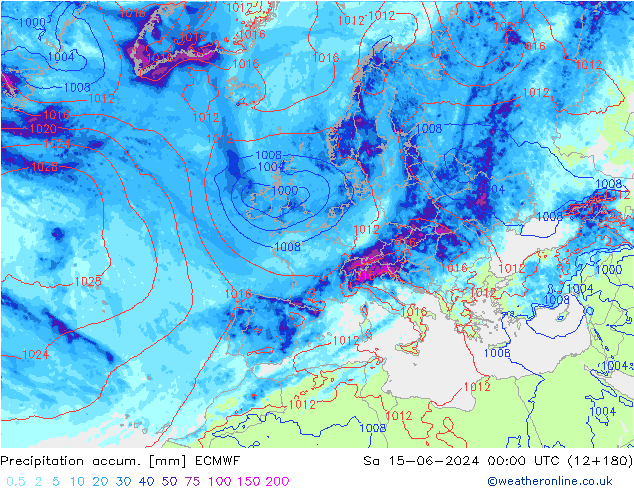 Totale neerslag ECMWF za 15.06.2024 00 UTC