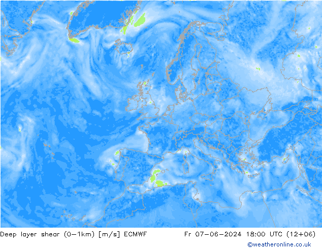 Deep layer shear (0-1km) ECMWF Fr 07.06.2024 18 UTC