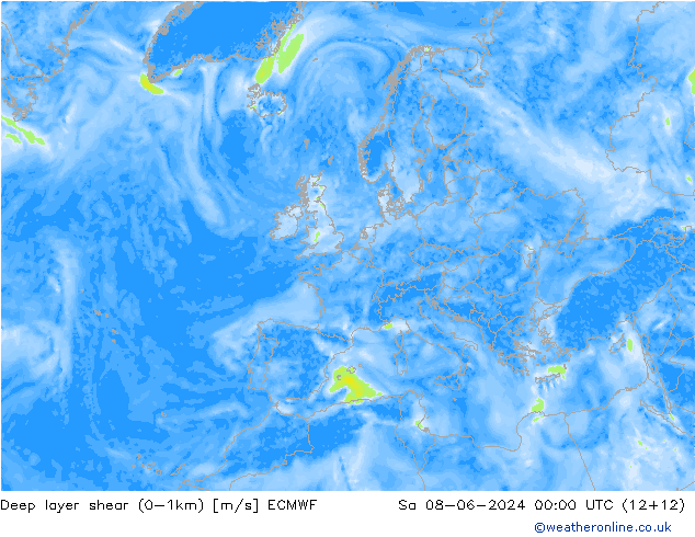 Deep layer shear (0-1km) ECMWF Cts 08.06.2024 00 UTC