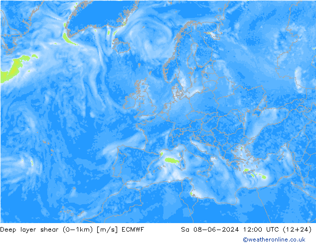 Deep layer shear (0-1km) ECMWF za 08.06.2024 12 UTC