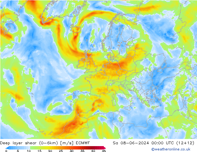 Deep layer shear (0-6km) ECMWF  08.06.2024 00 UTC