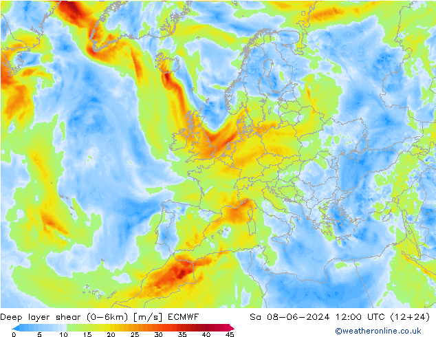 Deep layer shear (0-6km) ECMWF sab 08.06.2024 12 UTC