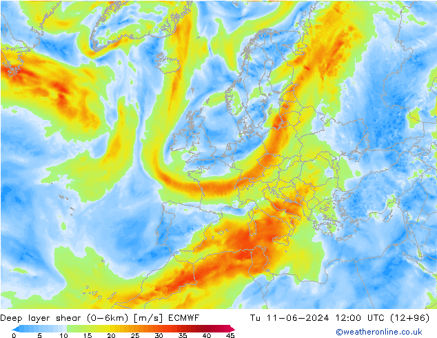 Deep layer shear (0-6km) ECMWF вт 11.06.2024 12 UTC