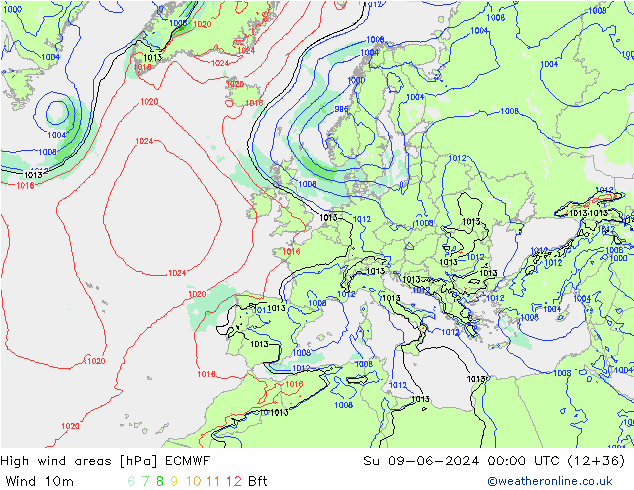 High wind areas ECMWF Su 09.06.2024 00 UTC