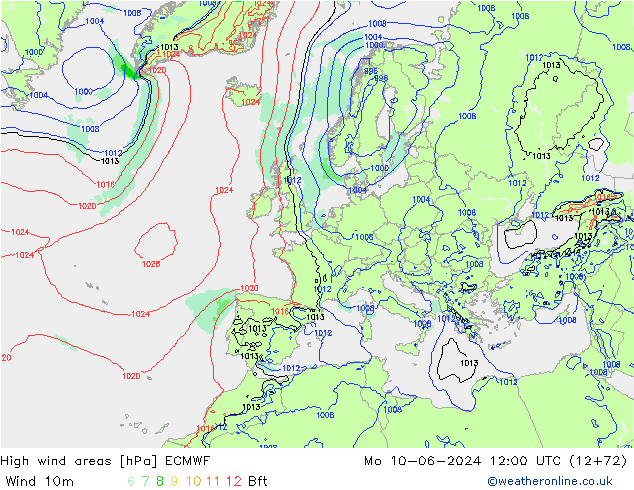 High wind areas ECMWF Mo 10.06.2024 12 UTC