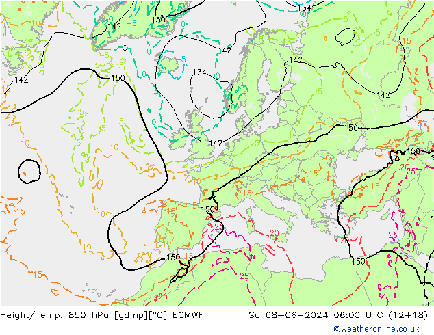 Géop./Temp. 850 hPa ECMWF sam 08.06.2024 06 UTC