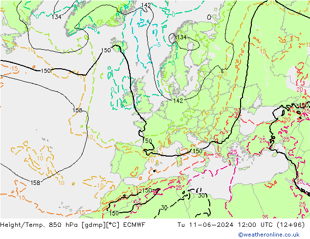 Z500/Rain (+SLP)/Z850 ECMWF wto. 11.06.2024 12 UTC
