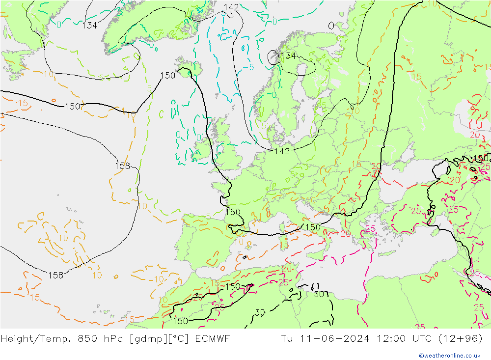 Z500/Yağmur (+YB)/Z850 ECMWF Sa 11.06.2024 12 UTC