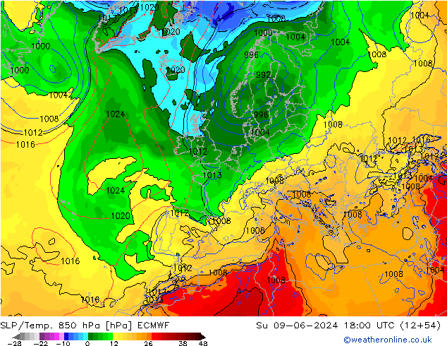 SLP/Temp. 850 hPa ECMWF dom 09.06.2024 18 UTC