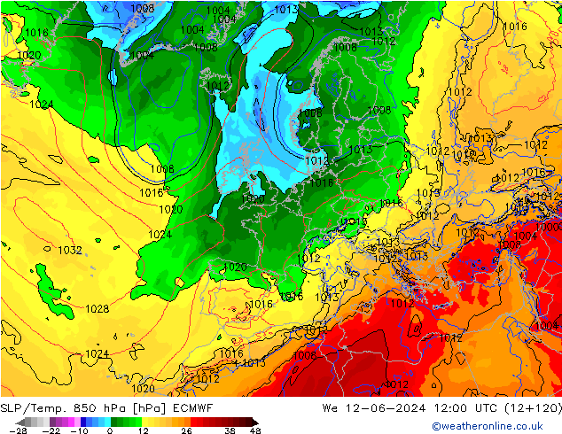 SLP/Temp. 850 hPa ECMWF śro. 12.06.2024 12 UTC