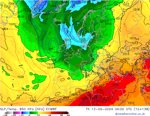 SLP/Temp. 850 hPa ECMWF jeu 13.06.2024 06 UTC