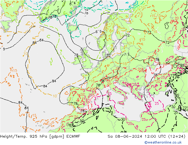 Height/Temp. 925 hPa ECMWF so. 08.06.2024 12 UTC